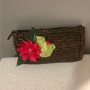 Floral Embellished Brown Woven Clutch